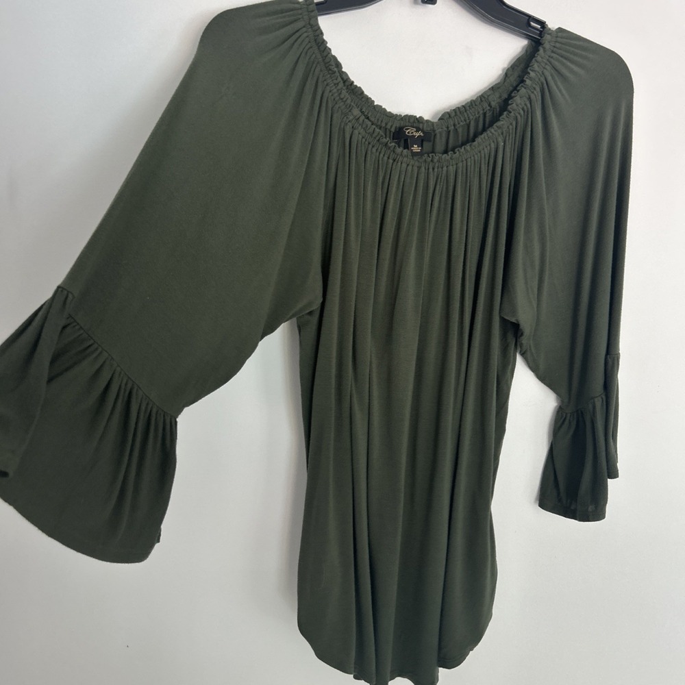 Cupio‎ Olive Green Chiffon Pleated Blouse Long Balloon Sleeves Size M Boho
